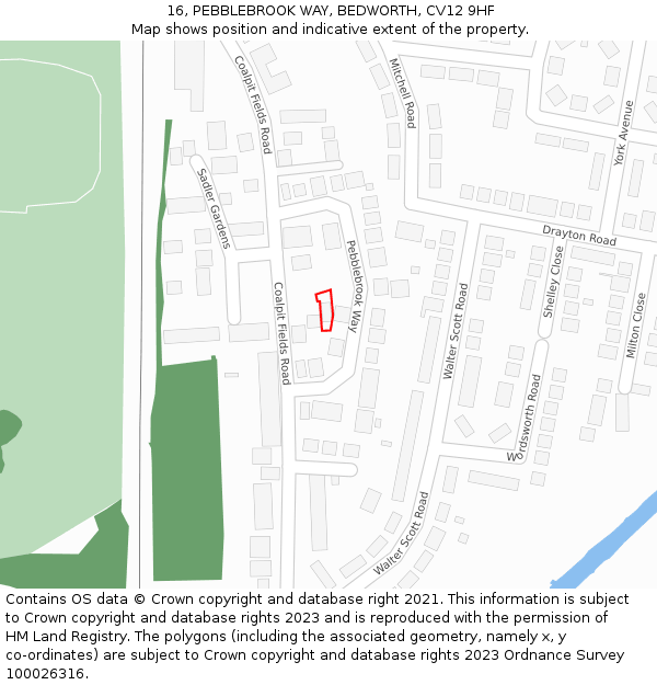 16, PEBBLEBROOK WAY, BEDWORTH, CV12 9HF: Location map and indicative extent of plot