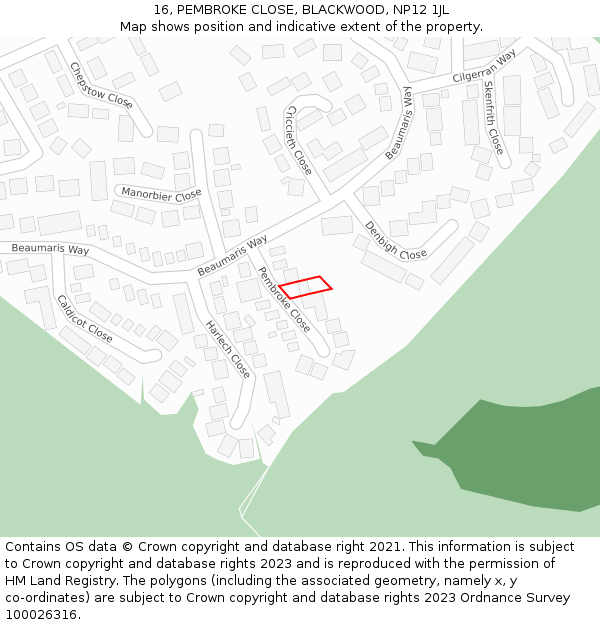 16, PEMBROKE CLOSE, BLACKWOOD, NP12 1JL: Location map and indicative extent of plot