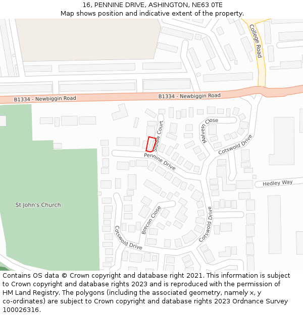 16, PENNINE DRIVE, ASHINGTON, NE63 0TE: Location map and indicative extent of plot