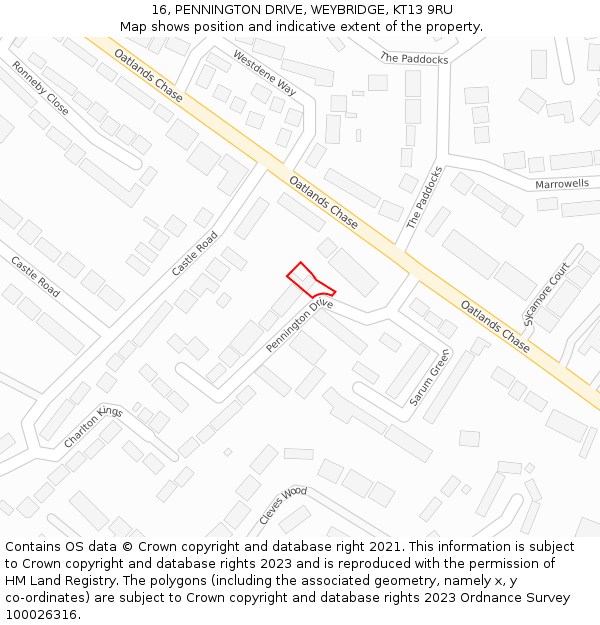 16, PENNINGTON DRIVE, WEYBRIDGE, KT13 9RU: Location map and indicative extent of plot
