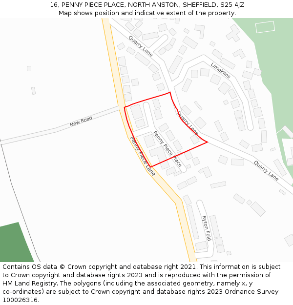 16, PENNY PIECE PLACE, NORTH ANSTON, SHEFFIELD, S25 4JZ: Location map and indicative extent of plot