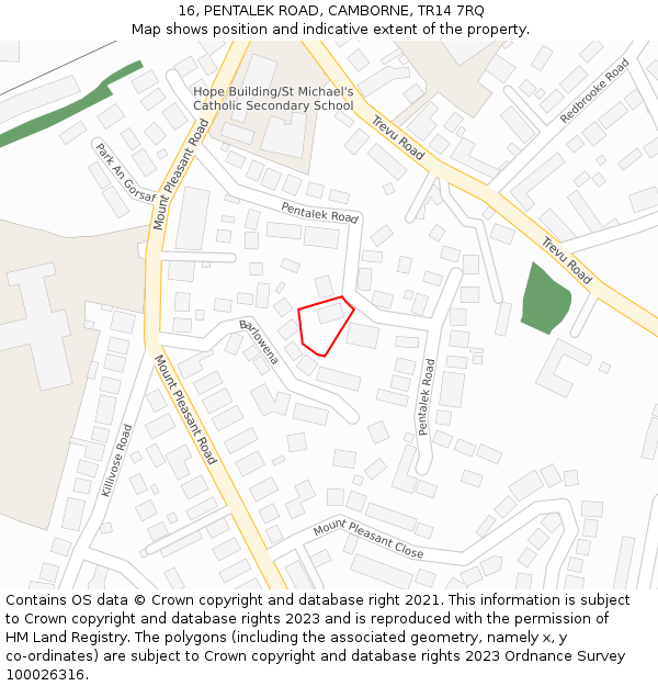 16, PENTALEK ROAD, CAMBORNE, TR14 7RQ: Location map and indicative extent of plot