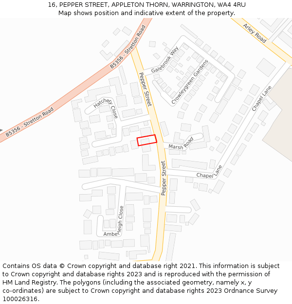 16, PEPPER STREET, APPLETON THORN, WARRINGTON, WA4 4RU: Location map and indicative extent of plot