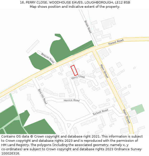 16, PERRY CLOSE, WOODHOUSE EAVES, LOUGHBOROUGH, LE12 8SB: Location map and indicative extent of plot