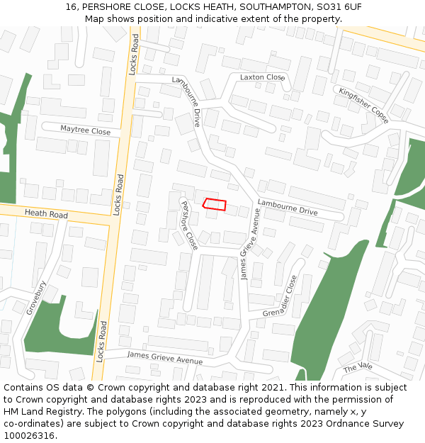 16, PERSHORE CLOSE, LOCKS HEATH, SOUTHAMPTON, SO31 6UF: Location map and indicative extent of plot