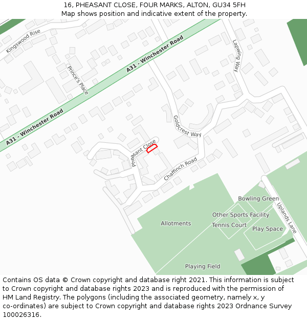 16, PHEASANT CLOSE, FOUR MARKS, ALTON, GU34 5FH: Location map and indicative extent of plot