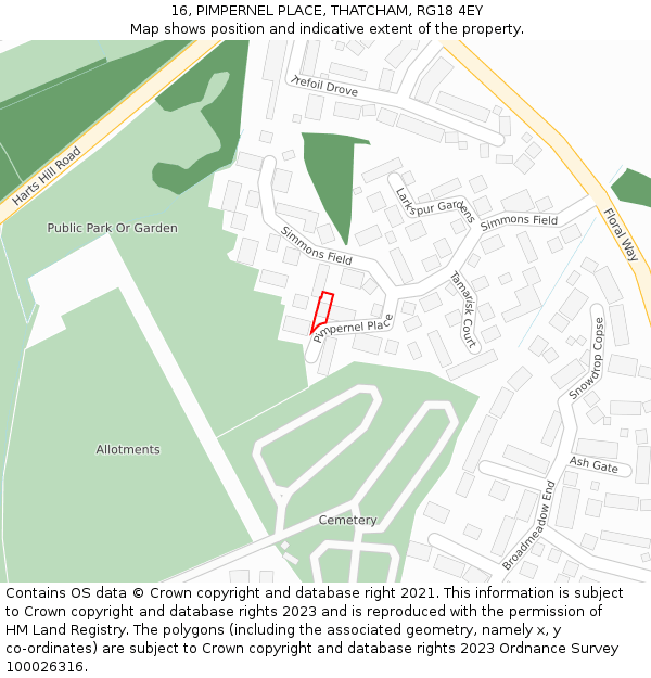 16, PIMPERNEL PLACE, THATCHAM, RG18 4EY: Location map and indicative extent of plot