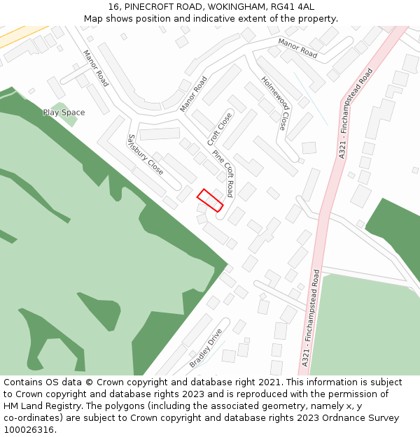 16, PINECROFT ROAD, WOKINGHAM, RG41 4AL: Location map and indicative extent of plot
