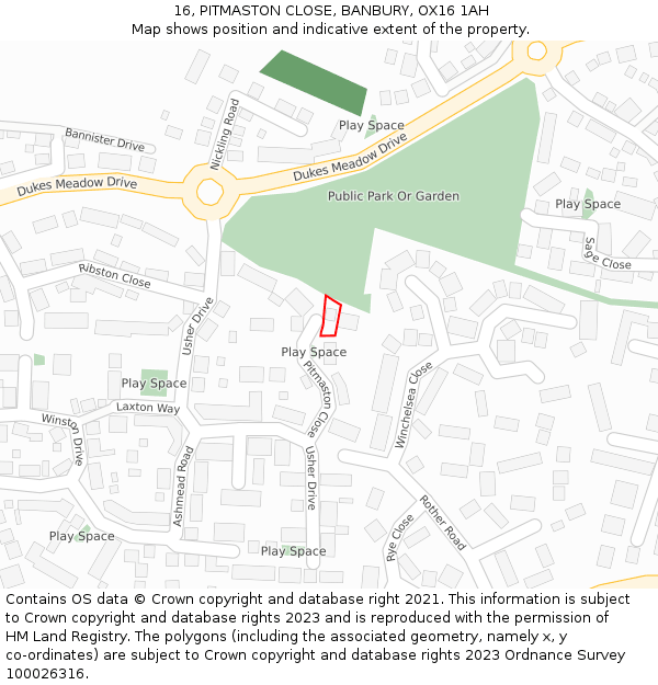 16, PITMASTON CLOSE, BANBURY, OX16 1AH: Location map and indicative extent of plot