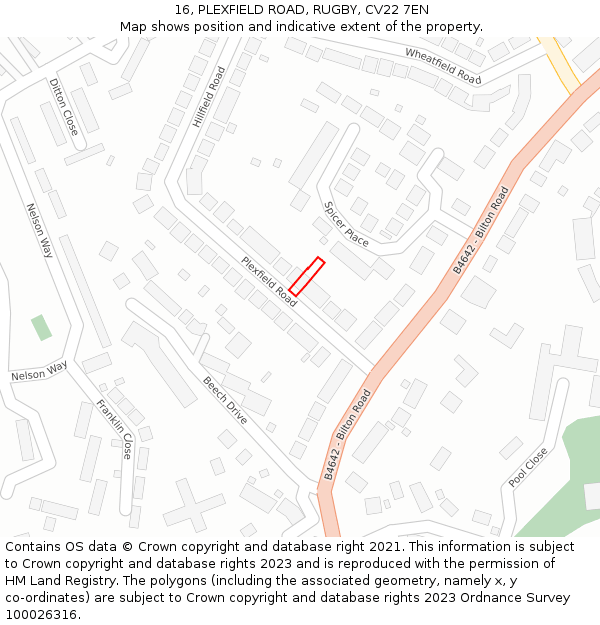 16, PLEXFIELD ROAD, RUGBY, CV22 7EN: Location map and indicative extent of plot