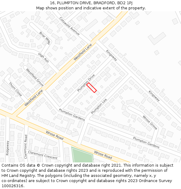16, PLUMPTON DRIVE, BRADFORD, BD2 1PJ: Location map and indicative extent of plot