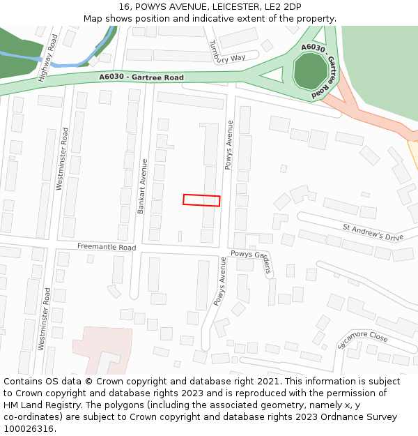 16, POWYS AVENUE, LEICESTER, LE2 2DP: Location map and indicative extent of plot