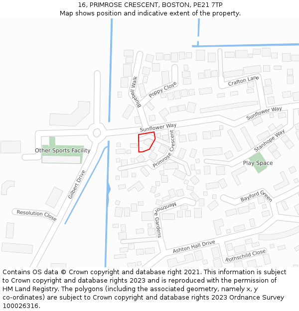 16, PRIMROSE CRESCENT, BOSTON, PE21 7TP: Location map and indicative extent of plot