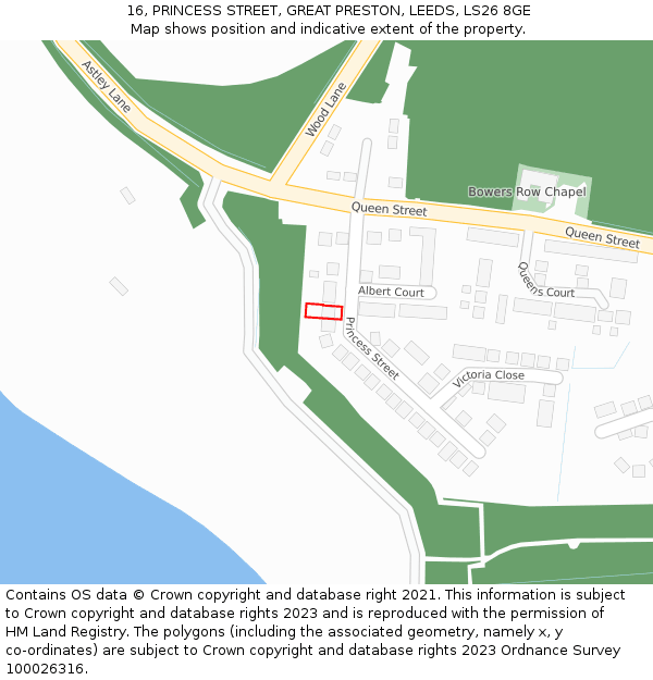 16, PRINCESS STREET, GREAT PRESTON, LEEDS, LS26 8GE: Location map and indicative extent of plot