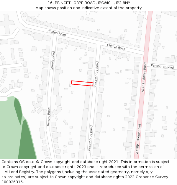 16, PRINCETHORPE ROAD, IPSWICH, IP3 8NY: Location map and indicative extent of plot