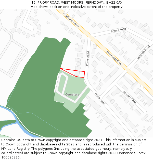 16, PRIORY ROAD, WEST MOORS, FERNDOWN, BH22 0AY: Location map and indicative extent of plot