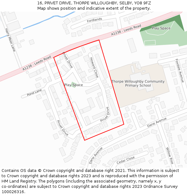 16, PRIVET DRIVE, THORPE WILLOUGHBY, SELBY, YO8 9FZ: Location map and indicative extent of plot