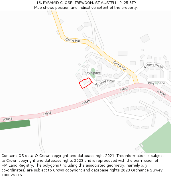 16, PYRAMID CLOSE, TREWOON, ST AUSTELL, PL25 5TP: Location map and indicative extent of plot