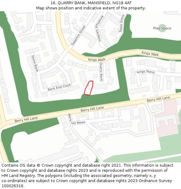 16, QUARRY BANK, MANSFIELD, NG18 4AT: Location map and indicative extent of plot