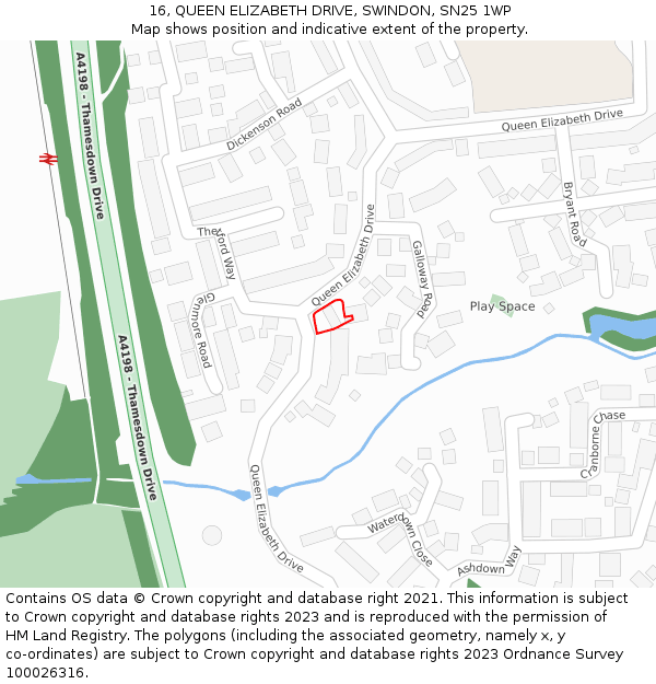 16, QUEEN ELIZABETH DRIVE, SWINDON, SN25 1WP: Location map and indicative extent of plot