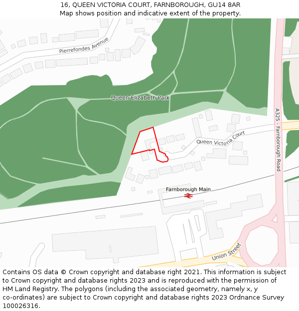 16, QUEEN VICTORIA COURT, FARNBOROUGH, GU14 8AR: Location map and indicative extent of plot