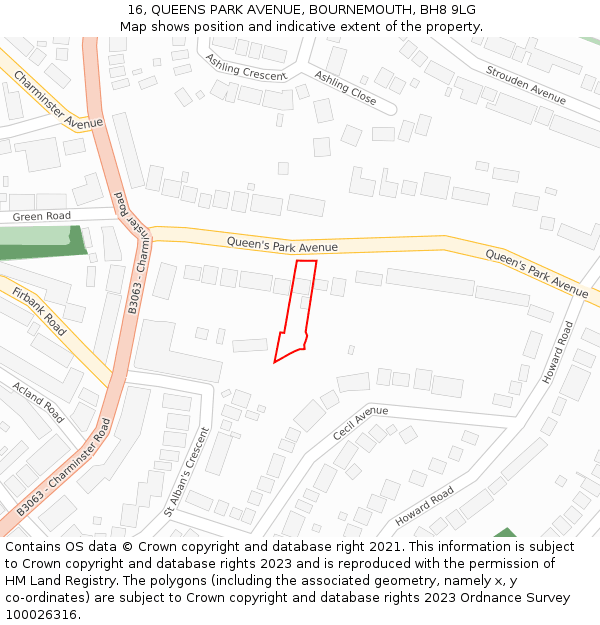 16, QUEENS PARK AVENUE, BOURNEMOUTH, BH8 9LG: Location map and indicative extent of plot