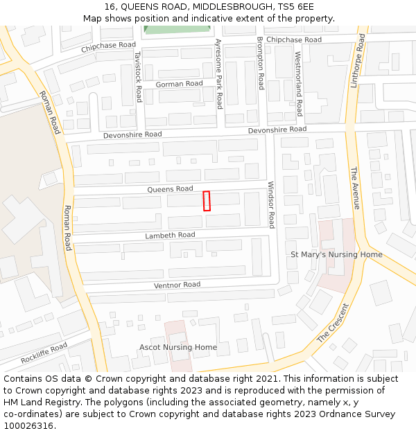 16, QUEENS ROAD, MIDDLESBROUGH, TS5 6EE: Location map and indicative extent of plot