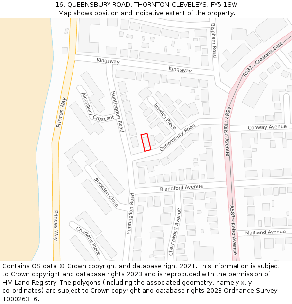 16, QUEENSBURY ROAD, THORNTON-CLEVELEYS, FY5 1SW: Location map and indicative extent of plot