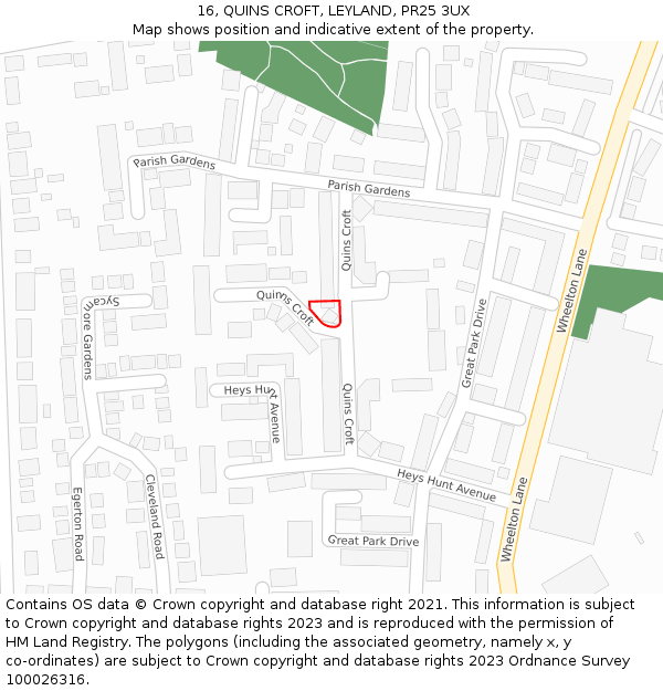 16, QUINS CROFT, LEYLAND, PR25 3UX: Location map and indicative extent of plot