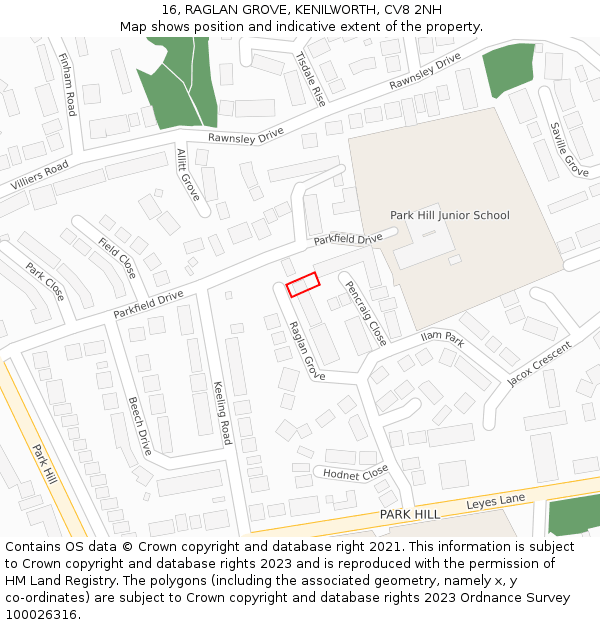 16, RAGLAN GROVE, KENILWORTH, CV8 2NH: Location map and indicative extent of plot