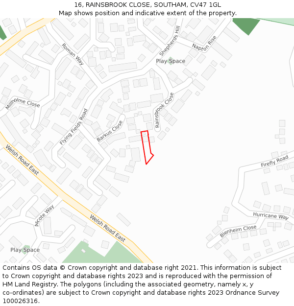16, RAINSBROOK CLOSE, SOUTHAM, CV47 1GL: Location map and indicative extent of plot
