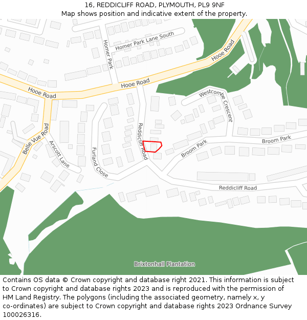 16, REDDICLIFF ROAD, PLYMOUTH, PL9 9NF: Location map and indicative extent of plot