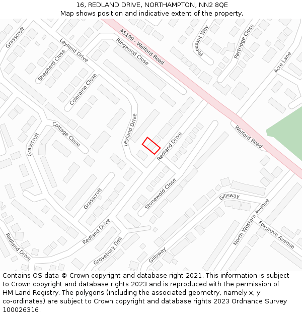16, REDLAND DRIVE, NORTHAMPTON, NN2 8QE: Location map and indicative extent of plot