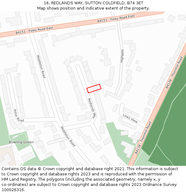 16, REDLANDS WAY, SUTTON COLDFIELD, B74 3ET: Location map and indicative extent of plot