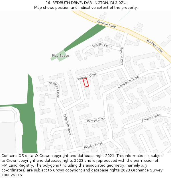 16, REDRUTH DRIVE, DARLINGTON, DL3 0ZU: Location map and indicative extent of plot