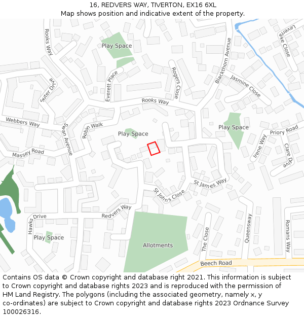 16, REDVERS WAY, TIVERTON, EX16 6XL: Location map and indicative extent of plot