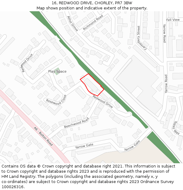 16, REDWOOD DRIVE, CHORLEY, PR7 3BW: Location map and indicative extent of plot