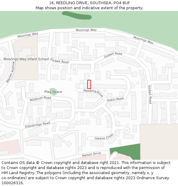 16, REEDLING DRIVE, SOUTHSEA, PO4 8UF: Location map and indicative extent of plot