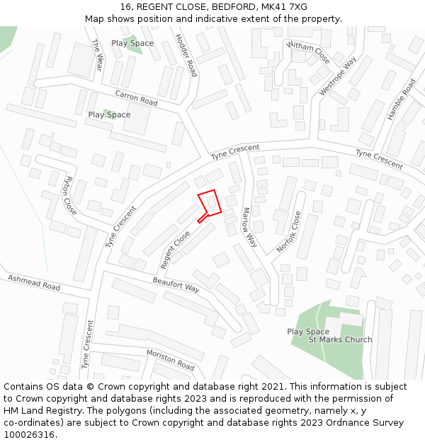 16, REGENT CLOSE, BEDFORD, MK41 7XG: Location map and indicative extent of plot