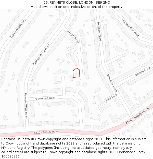 16, RENNETS CLOSE, LONDON, SE9 2NQ: Location map and indicative extent of plot