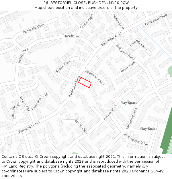 16, RESTORMEL CLOSE, RUSHDEN, NN10 0QW: Location map and indicative extent of plot