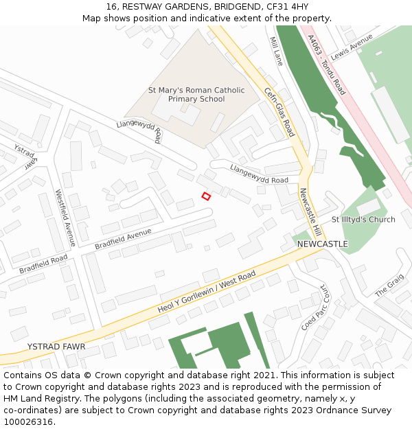 16, RESTWAY GARDENS, BRIDGEND, CF31 4HY: Location map and indicative extent of plot