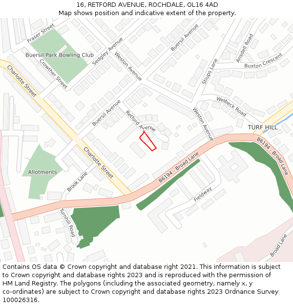 16, RETFORD AVENUE, ROCHDALE, OL16 4AD: Location map and indicative extent of plot