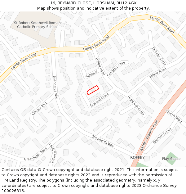 16, REYNARD CLOSE, HORSHAM, RH12 4GX: Location map and indicative extent of plot