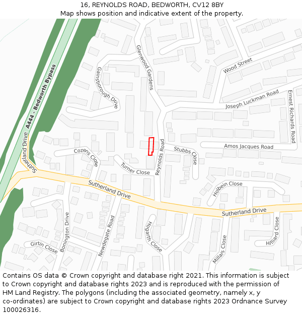 16, REYNOLDS ROAD, BEDWORTH, CV12 8BY: Location map and indicative extent of plot