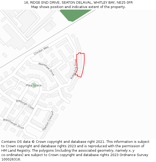 16, RIDGE END DRIVE, SEATON DELAVAL, WHITLEY BAY, NE25 0FR: Location map and indicative extent of plot