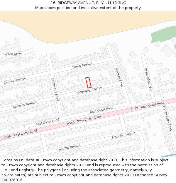 16, RIDGEWAY AVENUE, RHYL, LL18 3UG: Location map and indicative extent of plot