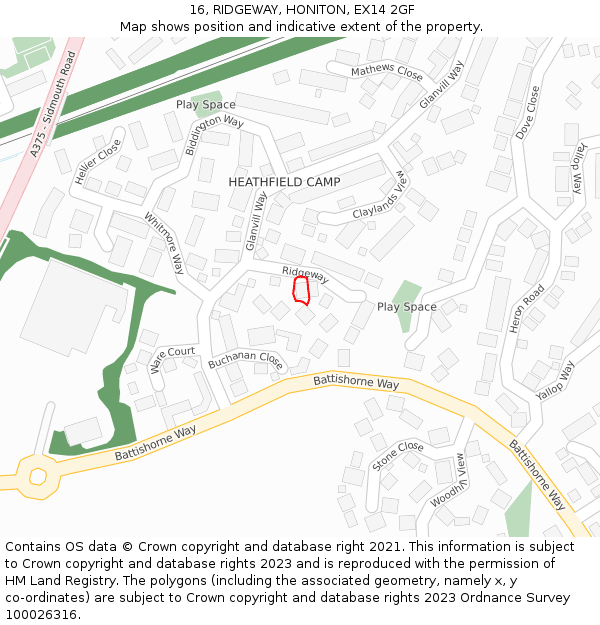 16, RIDGEWAY, HONITON, EX14 2GF: Location map and indicative extent of plot