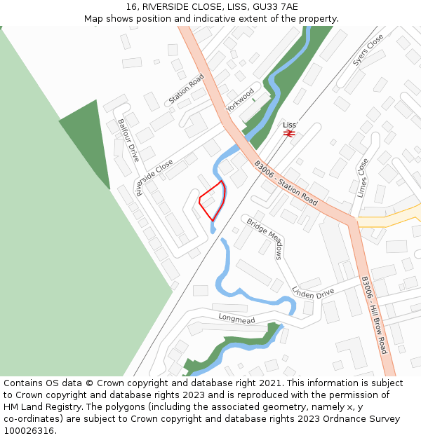 16, RIVERSIDE CLOSE, LISS, GU33 7AE: Location map and indicative extent of plot