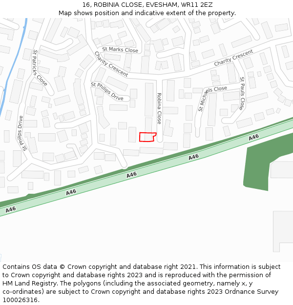 16, ROBINIA CLOSE, EVESHAM, WR11 2EZ: Location map and indicative extent of plot